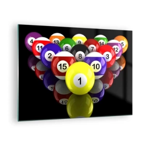 Glasbild - Bild auf glas - Bunte Billardkugeln auf schwarzem Hintergrund angeordnet - 70x50cm - Verschiedene Spielfarben - Moderne Wanddekoration für Wohnzimmer und Schlafzimmer ARTTOR