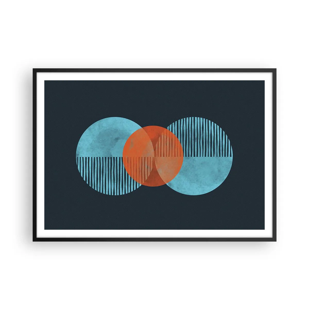 Poster in einem schwarzem Rahmen - Geometrische Kreise in Blau- und Orangetönen - 100x70cm - Symmetrische Komposition - Moderne Wanddekoration für Wohnzimmer und Schlafzimmer ARTTOR