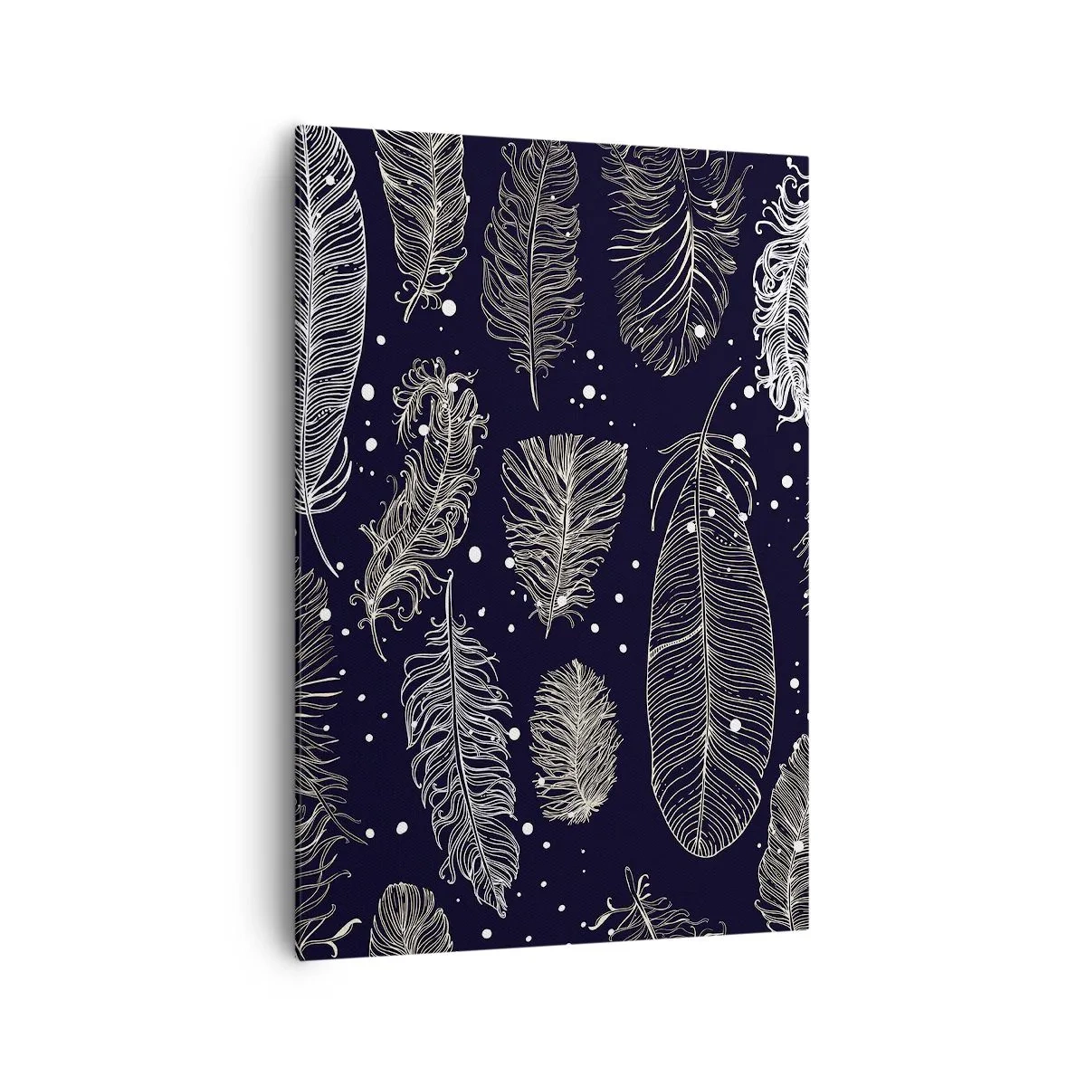 Bild auf Leinwand - Leinwandbild - Zarte weiße Federn auf marineblauem Hintergrund - 70x100cm - Gefiederte Spitze - Moderne Wanddekoration für Wohnzimmer und Schlafzimmer ARTTOR