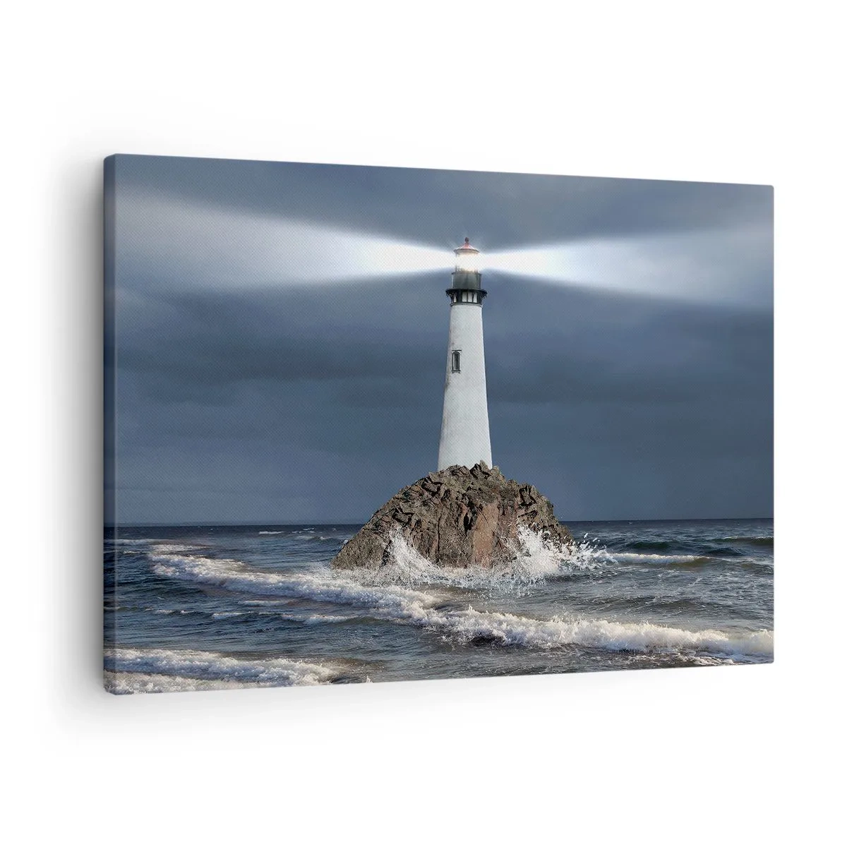 Bild auf Leinwand - Leinwandbild - Ein Leuchtturm auf einem Felsen, umgeben von stürmischer See - 70x50cm - Hier... hier... hier! - Moderne Wanddekoration für Wohnzimmer und Schlafzimmer ARTTOR
