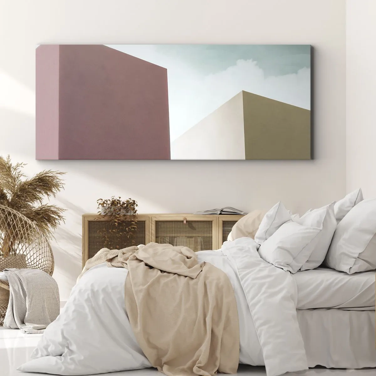 Bild auf Leinwand - Leinwandbild - Minimalistische Architektur mit pastellfarbenen Blöcken und Himmel - 120x50cm - Geometrie des sonnigen Sommers - Moderne Wanddekoration für Wohnzimmer und Schlafzimmer ARTTOR