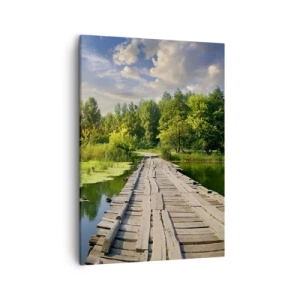 Bild auf Leinwand - Leinwandbild - Eine malerische Landschaft mit einer Brücke und einem Schwan - 50x70cm - Sommer, Sommer überall - Moderne Wanddekoration für Wohnzimmer und Schlafzimmer ARTTOR