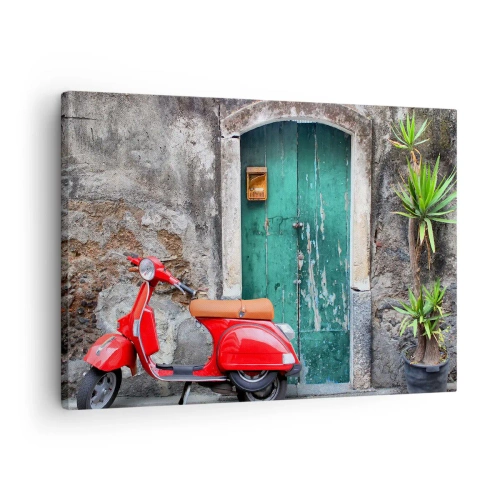 Bild auf Leinwand - Leinwandbild - Roter Roller an der grünen Tür - 70x50cm - Italienischer Urlaub - Moderne Wanddekoration für Wohnzimmer und Schlafzimmer ARTTOR