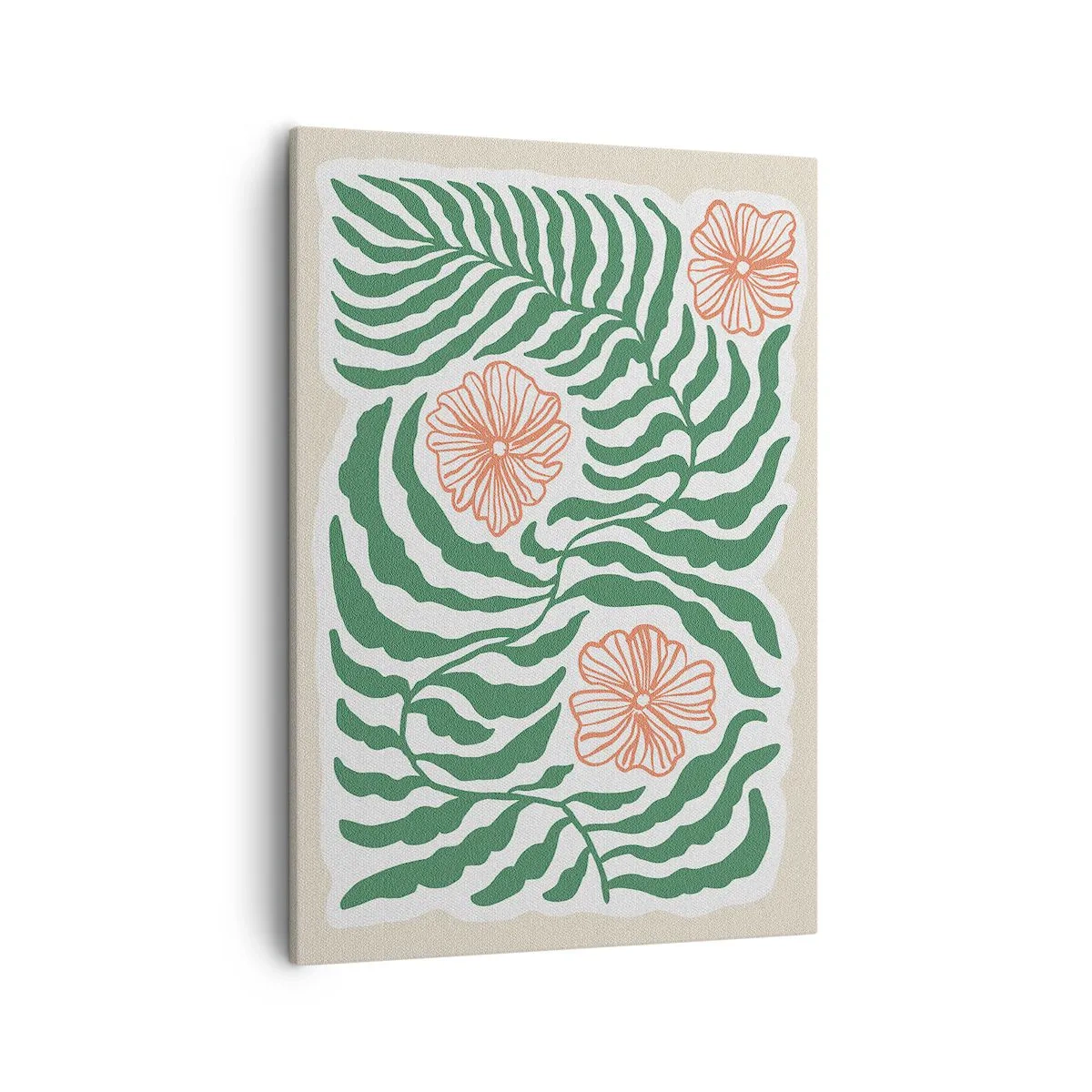 Bild auf Leinwand - Leinwandbild - Ein minimalistisches Motiv aus grünen Blättern mit Blüten in Orangetönen. - 50x70cm - Aufgeblüht in Grün - Moderne Wanddekoration für Wohnzimmer und Schlafzimmer ARTTOR