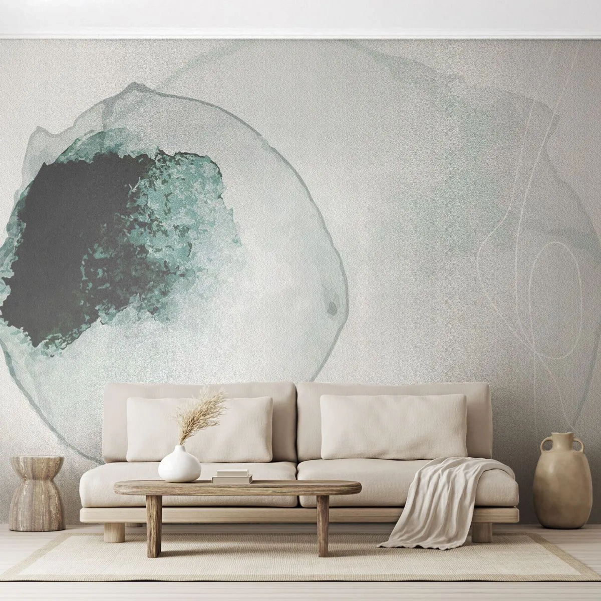 Fototapete Premium Sand - Eine zarte Abstraktion mit einem grünen Tropfenmotiv auf hellem Hintergrund - 100x70cm - In einem Tropfen Wasser - Moderne Wanddekoration für Wohnzimmer und Schlafzimmer ARTTOR