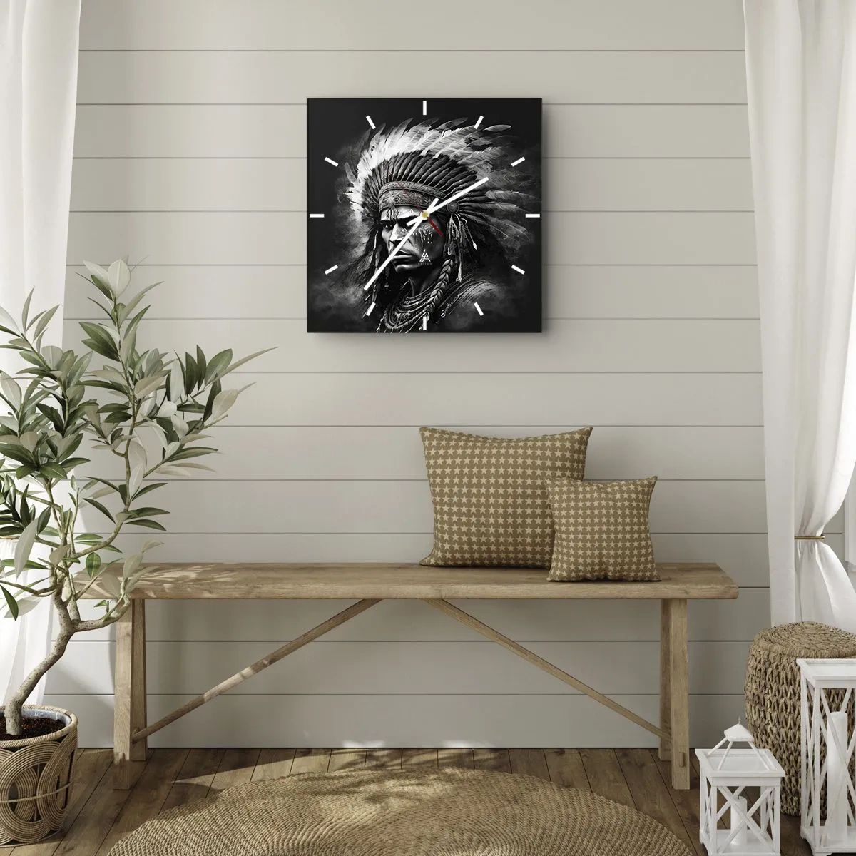 Wanduhr - Glasuhr - Porträt eines Häuptlings mit Federschmuck vor schwarzem Hintergrund - 30x30cm - Anführer und Krieger - Moderne Wanddekoration für Wohnzimmer und Schlafzimmer ARTTOR