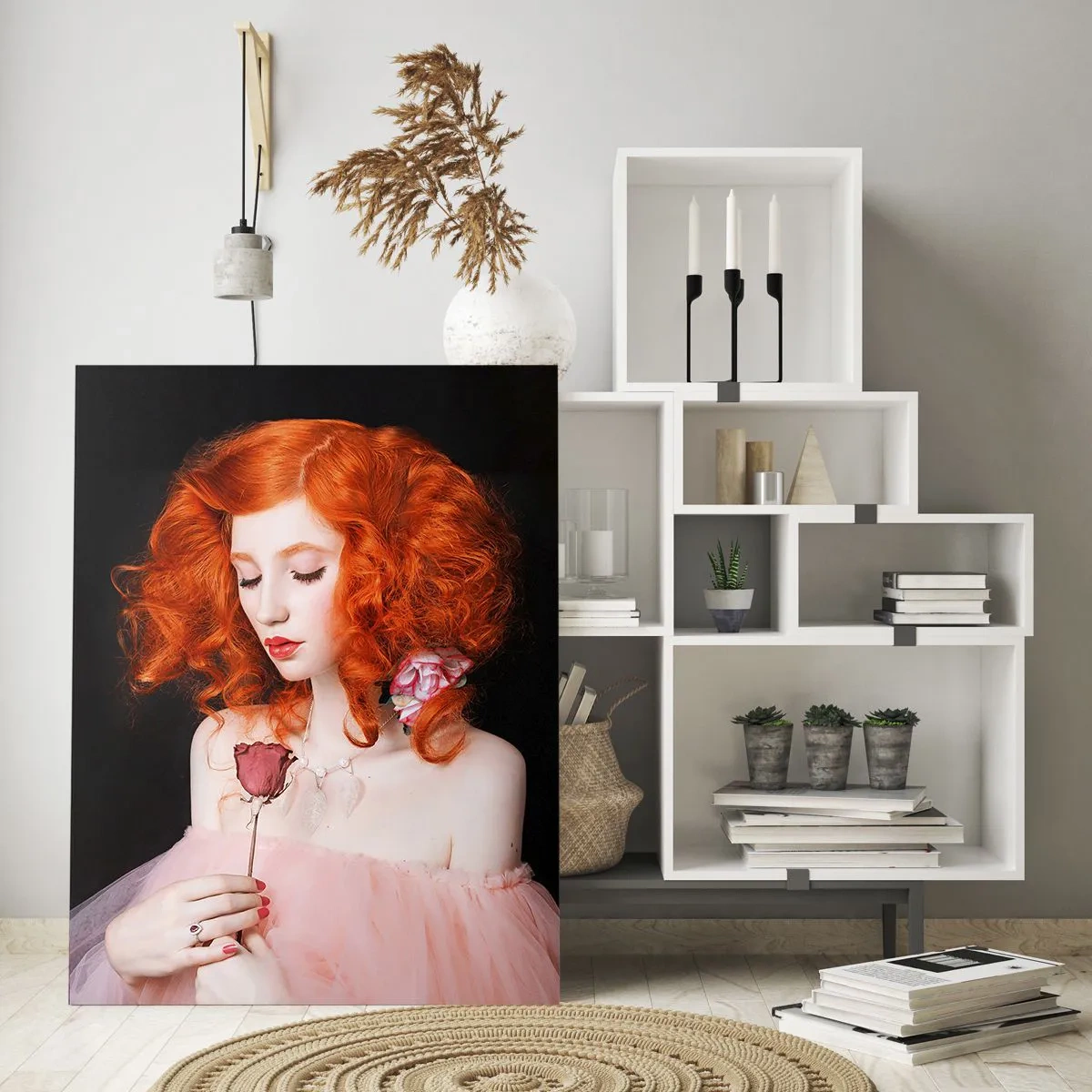 Glasbild - Bild auf glas - Eine Frau mit roten Haaren hält eine Rose - 70x100cm - Im barocken Stil - Moderne Wanddekoration für Wohnzimmer und Schlafzimmer ARTTOR