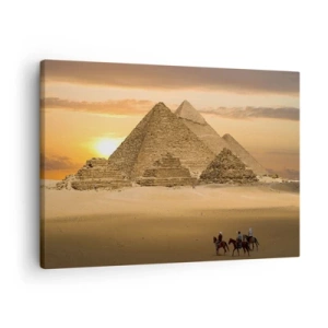 Bild auf Leinwand - Leinwandbild - Pyramiden in Ägypten bei Sonnenuntergang mit Reitern auf Pferden - 70x50cm - Seit Tausenden von Jahren keine Veränderung - Moderne Wanddekoration für Wohnzimmer und Schlafzimmer ARTTOR