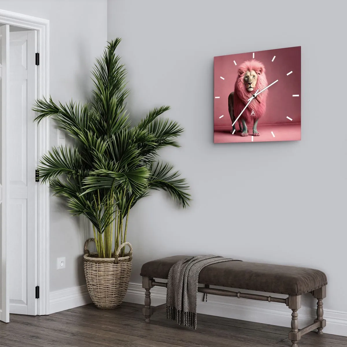 Wanduhr - Glasuhr - Ein künstlerisch gestalteter Löwe mit rosa Mähne auf rosa Hintergrund - 30x30cm - Und du hast keine Angst mehr - Moderne Wanddekoration für Wohnzimmer und Schlafzimmer ARTTOR