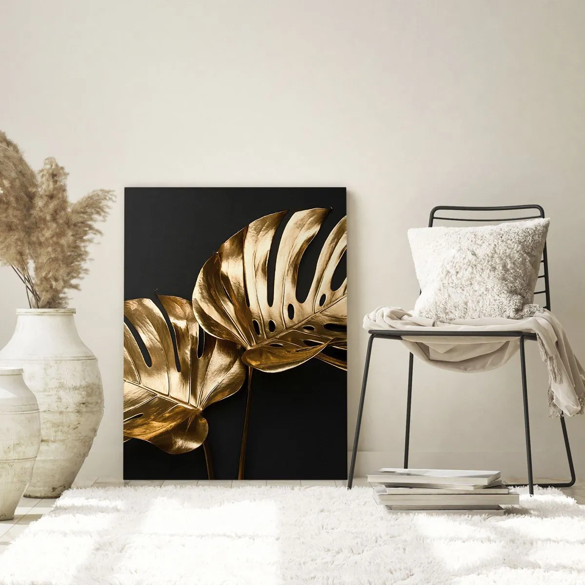 Glasbild - Bild auf glas - Goldene Monstera-Blätter auf schwarzem Hintergrund - 80x120cm - Die Schätze der Natur - Moderne Wanddekoration für Wohnzimmer und Schlafzimmer ARTTOR