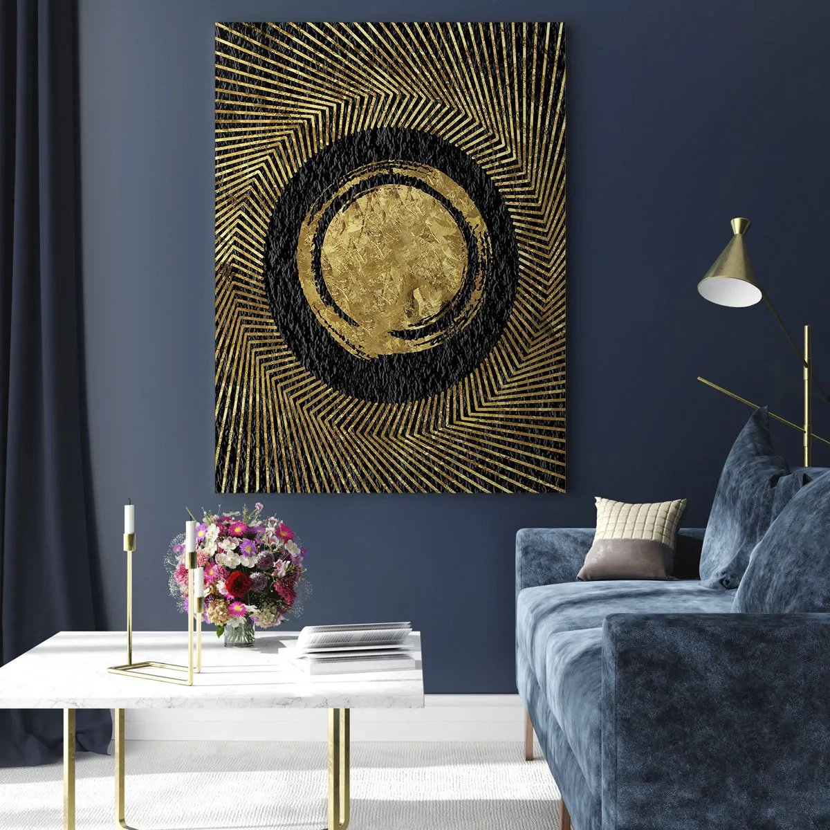 Glasbild - Bild auf glas - Geometrische Komposition in Schwarz und Gold mit Strahlen - 80x120cm - Glamour-Komposition - Moderne Wanddekoration für Wohnzimmer und Schlafzimmer ARTTOR
