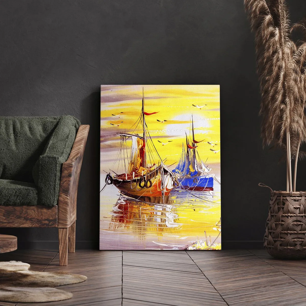 Bild auf Leinwand - Leinwandbild - Eine malerische Szene von Booten auf ruhiger See - 70x100cm - Eine wohlverdiente Pause im Hafen - Moderne Wanddekoration für Wohnzimmer und Schlafzimmer ARTTOR