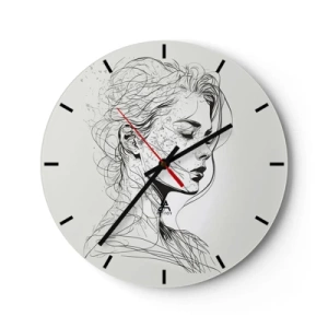 Wanduhr - Glasuhr - Schwarz-Weiß-Skizze des Gesichts einer Frau in Gedanken - 30x30cm - Porträt im Gedanken - Moderne Wanddekoration für Wohnzimmer, Küche und Schlafzimmer ARTTOR