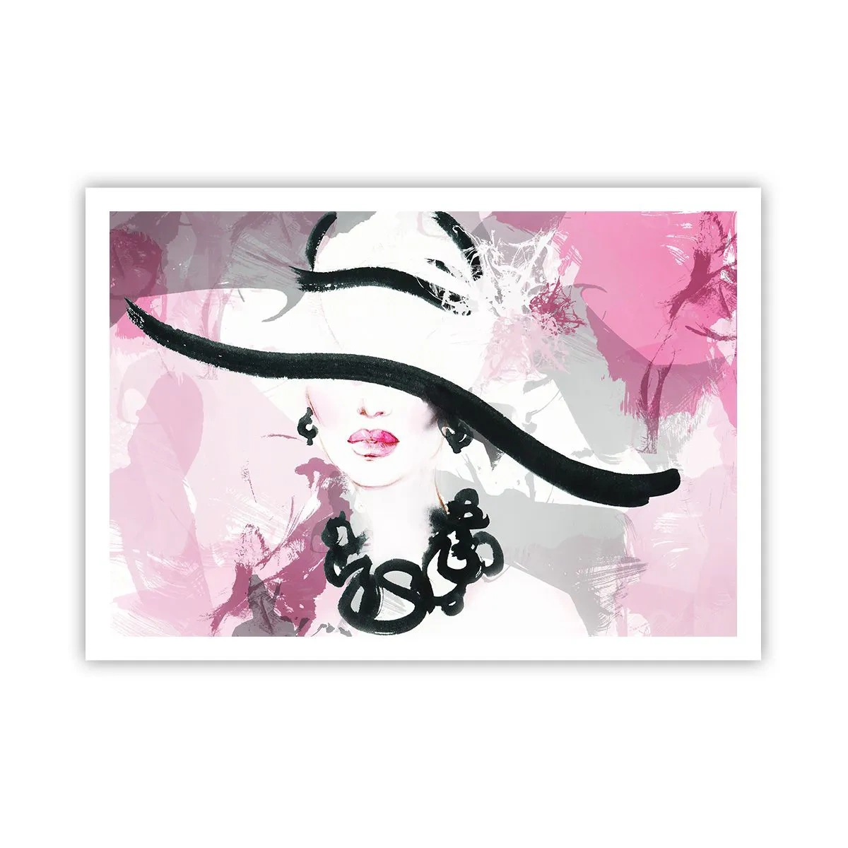 Poster - Eine elegante Frau mit Hut vor einem Hintergrund aus rosa Abstraktionen. - 100x70cm - Bildnis einer Dame in Schwarz und Pink - Moderne Wanddekoration für Wohnzimmer und Schlafzimmer ARTTOR