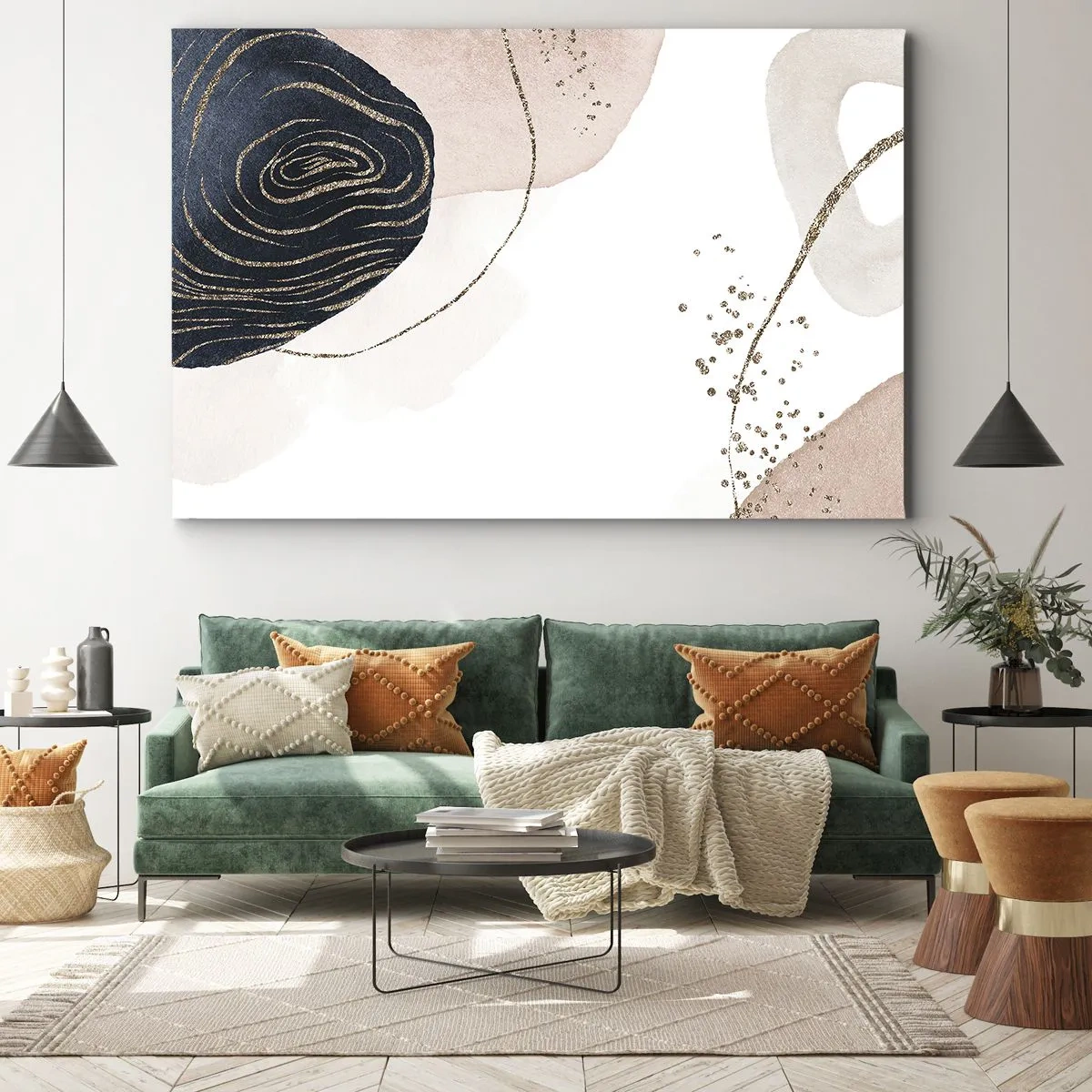 Bild auf Leinwand - Leinwandbild - Abstrakte Formen in Beige- und Marineblautönen mit goldenen Details - 100x70cm - Alles fließt - Moderne Wanddekoration für Wohnzimmer und Schlafzimmer ARTTOR