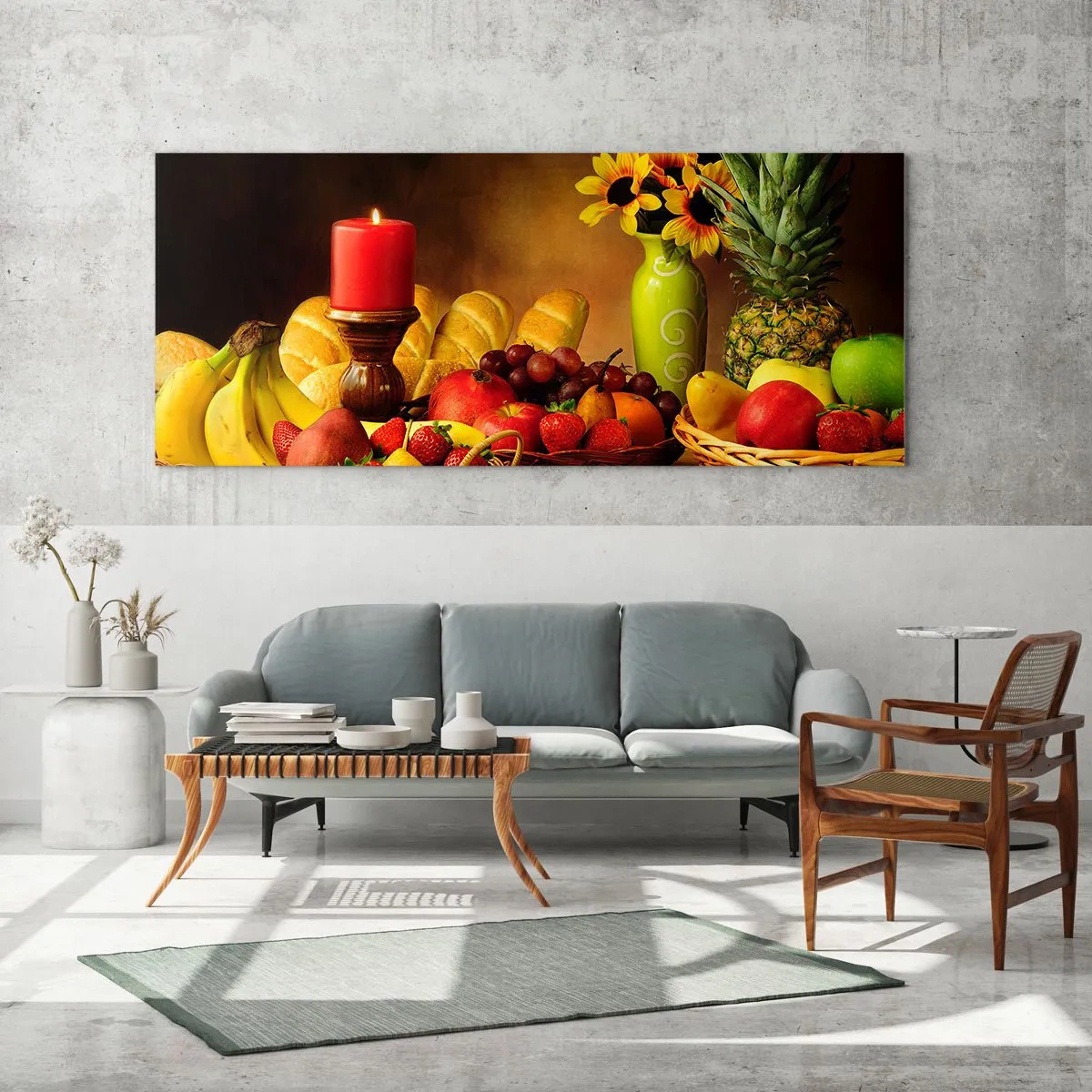 Glasbild - Bild auf glas - Stillleben mit Früchten, Brot, Kerze und Blumen - 140x50cm - Stillleben mit Brot und Obst - Moderne Wanddekoration für Wohnzimmer und Schlafzimmer ARTTOR