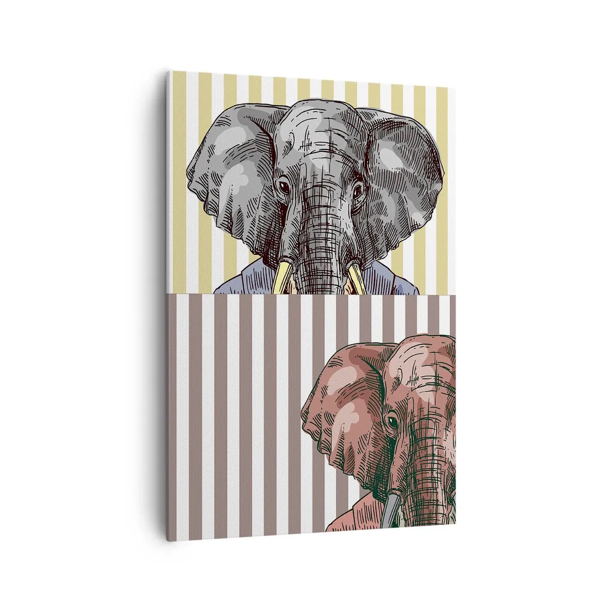 Bild auf Leinwand - Leinwandbild - Ein Elefant im Anzug vor einem Hintergrund aus beigen Streifen - 70x100cm - Von Natur aus elegant - Moderne Wanddekoration für Wohnzimmer und Schlafzimmer ARTTOR