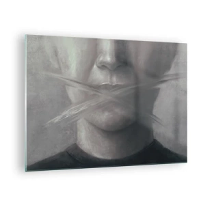 Glasbild - Bild auf glas - Porträt einer Person mit verschmierten Lippen in Grautönen - 70x50cm - Ohne ein Wort - Moderne Wanddekoration für Wohnzimmer und Schlafzimmer ARTTOR
