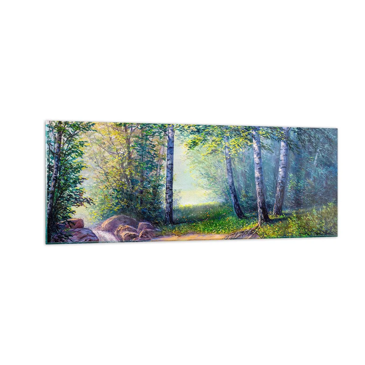 Glasbild - Bild auf glas - Ein Waldbach, umgeben von Birken und Sonnenschein - 140x50cm - Idyllische Landschaft - Moderne Wanddekoration für Wohnzimmer und Schlafzimmer ARTTOR