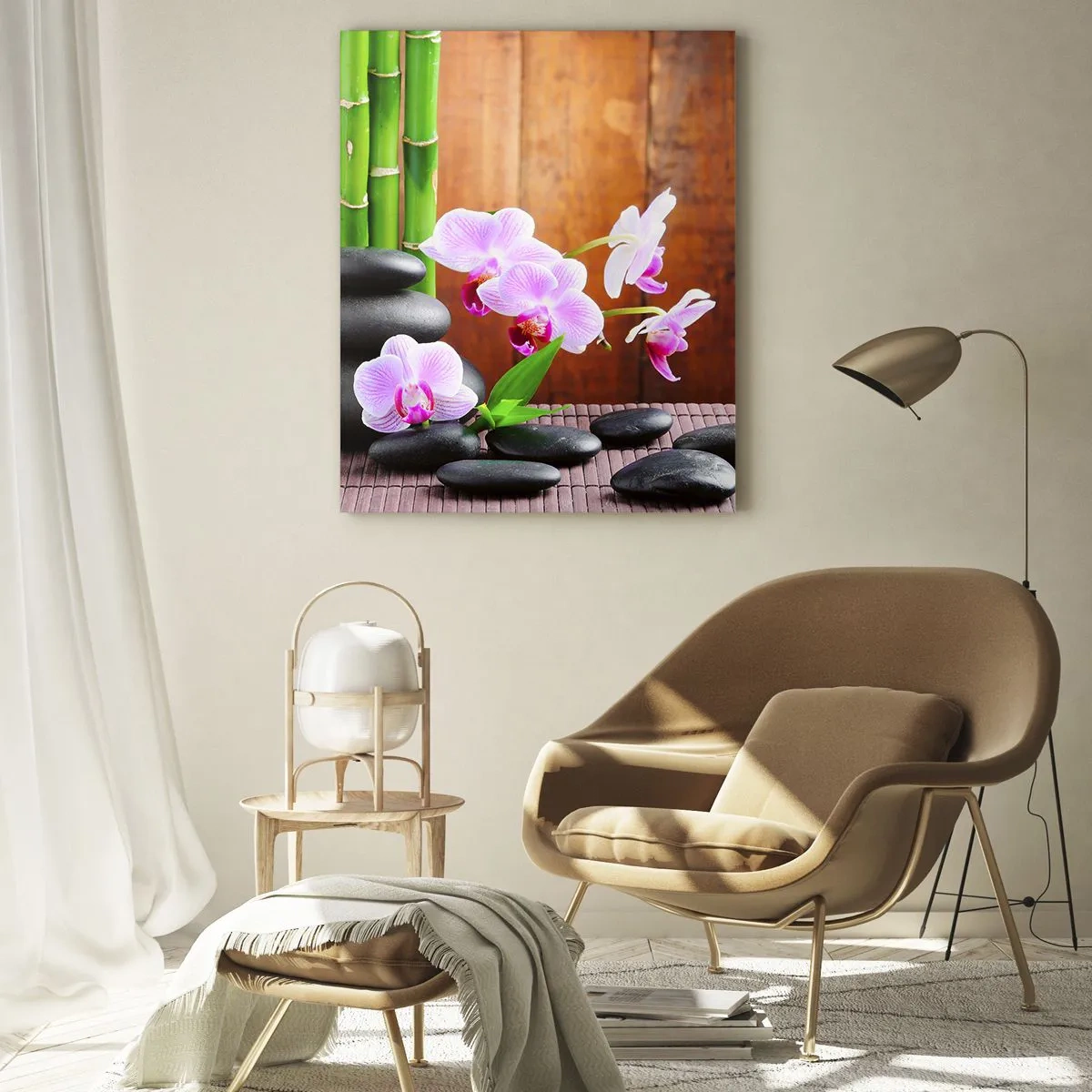 Glasbild - Bild auf glas - Bambus, Steine und rosa Orchideen im Zen-Stil auf Holzhintergrund - 80x120cm - Treffen Sie die Freuden des Ostens - Moderne Wanddekoration für Wohnzimmer und Schlafzimmer ARTTOR
