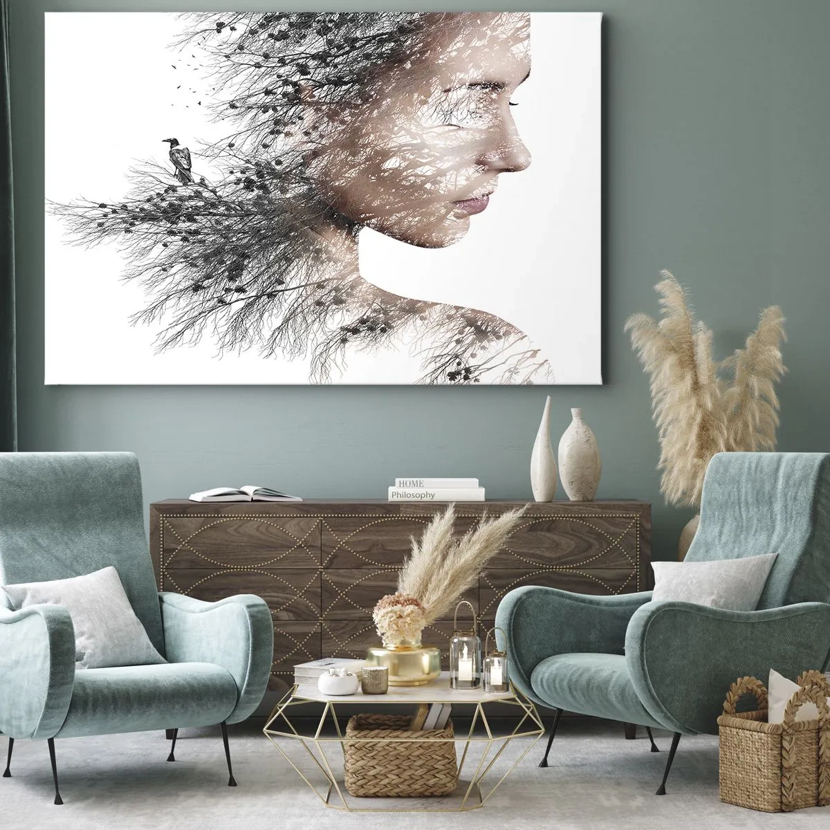 Bild auf Leinwand - Leinwandbild - Silhouette einer Frau mit einem Zweig und Vogelmotiv im Hintergrund - 70x50cm - Der Geist des Waldes - Moderne Wanddekoration für Wohnzimmer und Schlafzimmer ARTTOR