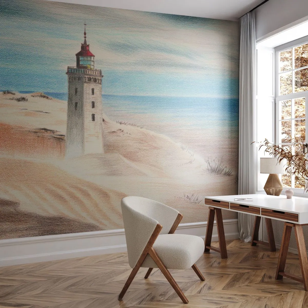 Selbstklebende Fototapete Deluxe Sticker - Immer aufs Meer starrend - Leuchtturm, Strand, Meer - 100x70 cm