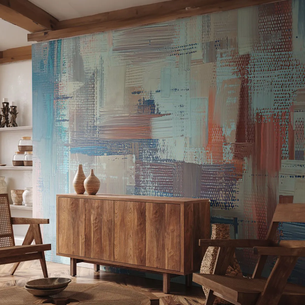 Fototapete Premium Canvas - Abstrakte Komposition in Blau- und Beigetönen - 100x70cm - Zum Licht kommen - Moderne Wanddekoration für Wohnzimmer und Schlafzimmer ARTTOR