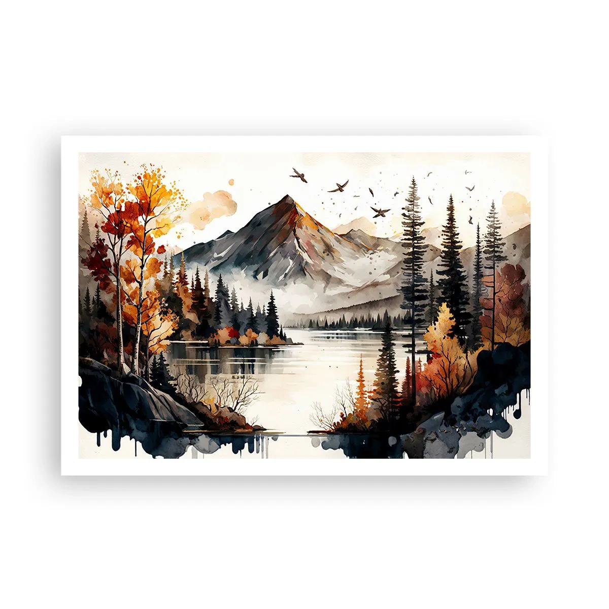 Poster - Herbstliche Berglandschaft mit See und Bäumen in Aquarell - 100x70cm - Goldener Herbst in den Bergen - Moderne Wanddekoration für Wohnzimmer und Schlafzimmer ARTTOR
