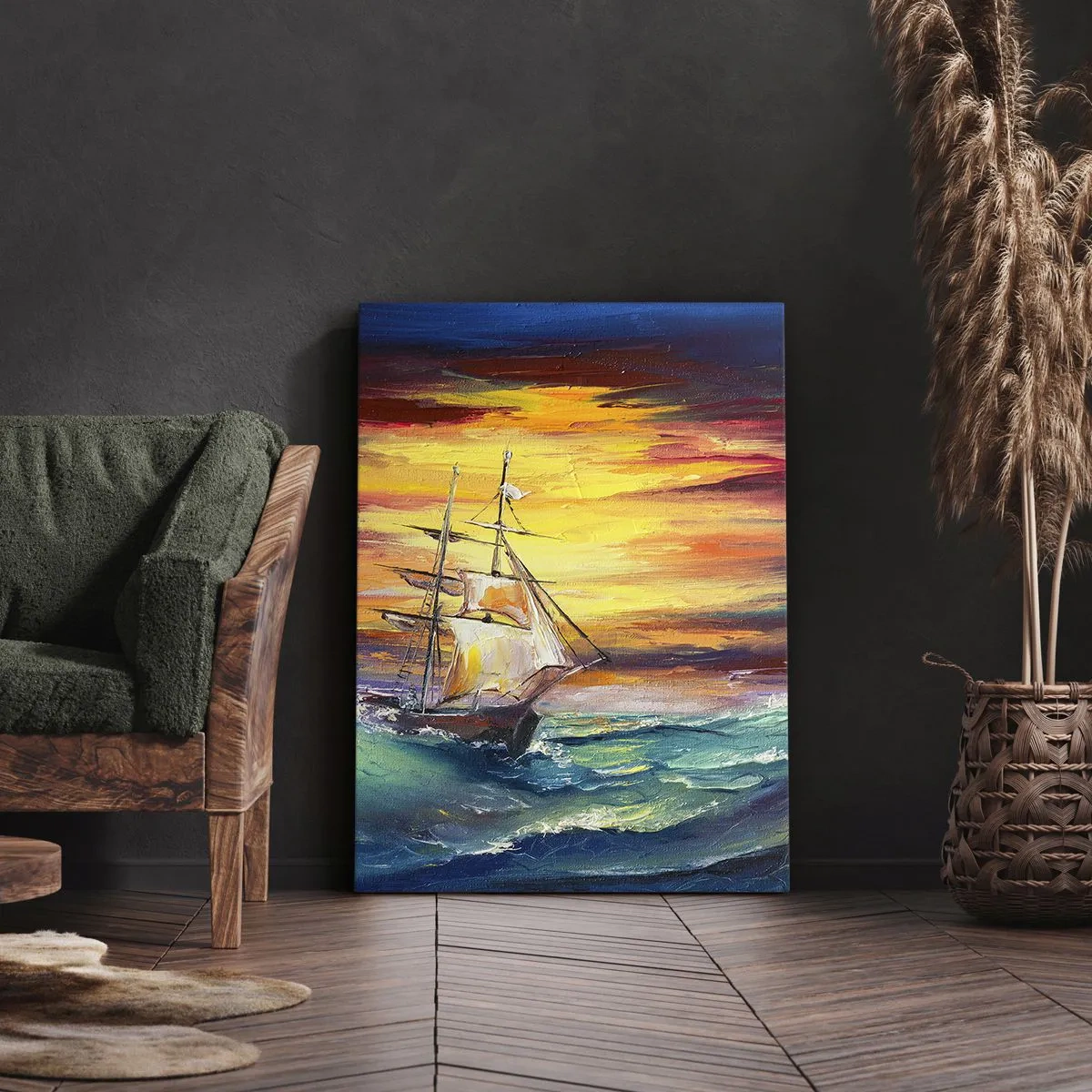 Bild auf Leinwand - Leinwandbild - Ein Segelschiff vor der Kulisse eines farbenfrohen Sonnenuntergangs - 50x70cm - Tapfer unter den Wellen - Moderne Wanddekoration für Wohnzimmer und Schlafzimmer ARTTOR