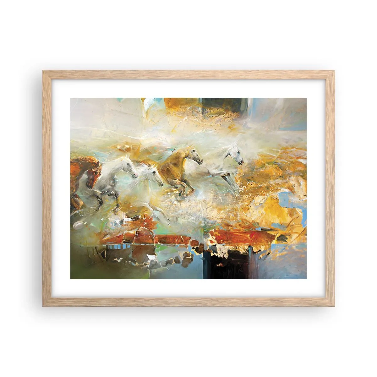 Poster in einem Rahmen aus heller Eiche - Im Galopp durch das Licht - 50x40 cm