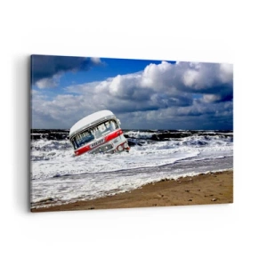 Bild auf Leinwand - Leinwandbild - Ein versunkener Bus am Strand inmitten von Wellen und rauer See - 120x80cm - Und was stehst du so erstaunt? - Moderne Wanddekoration für Wohnzimmer und Schlafzimmer ARTTOR