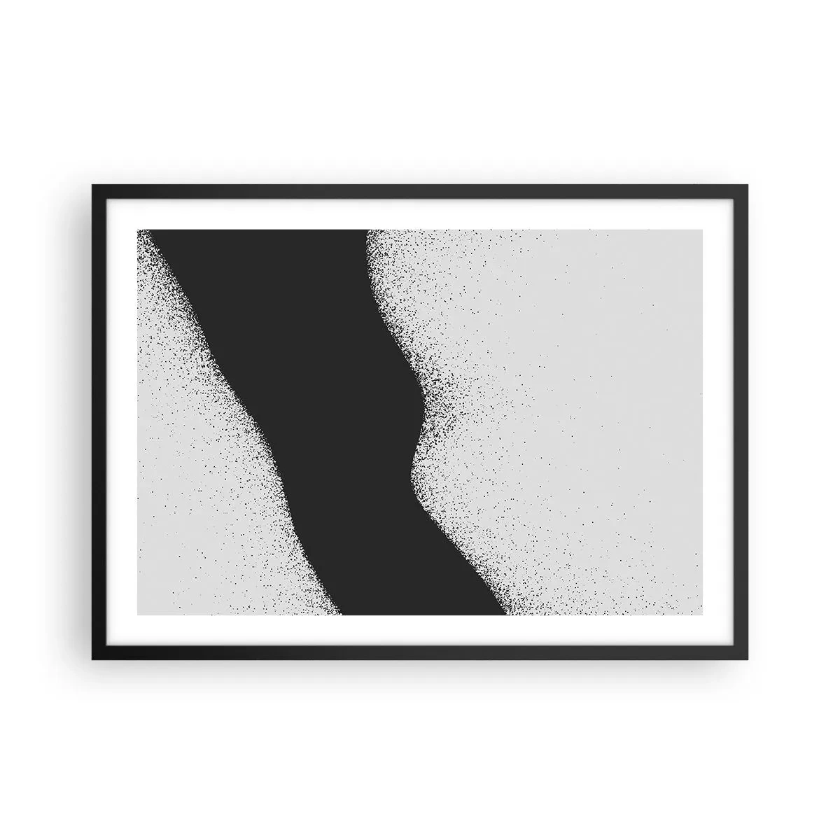 Poster in einem schwarzem Rahmen - Abstraktes schwarz-weißes Muster mit zarten Punkten auf Leinwand - 70x50cm - Flüssiges Gleichgewicht - Moderne Wanddekoration für Wohnzimmer und Schlafzimmer ARTTOR