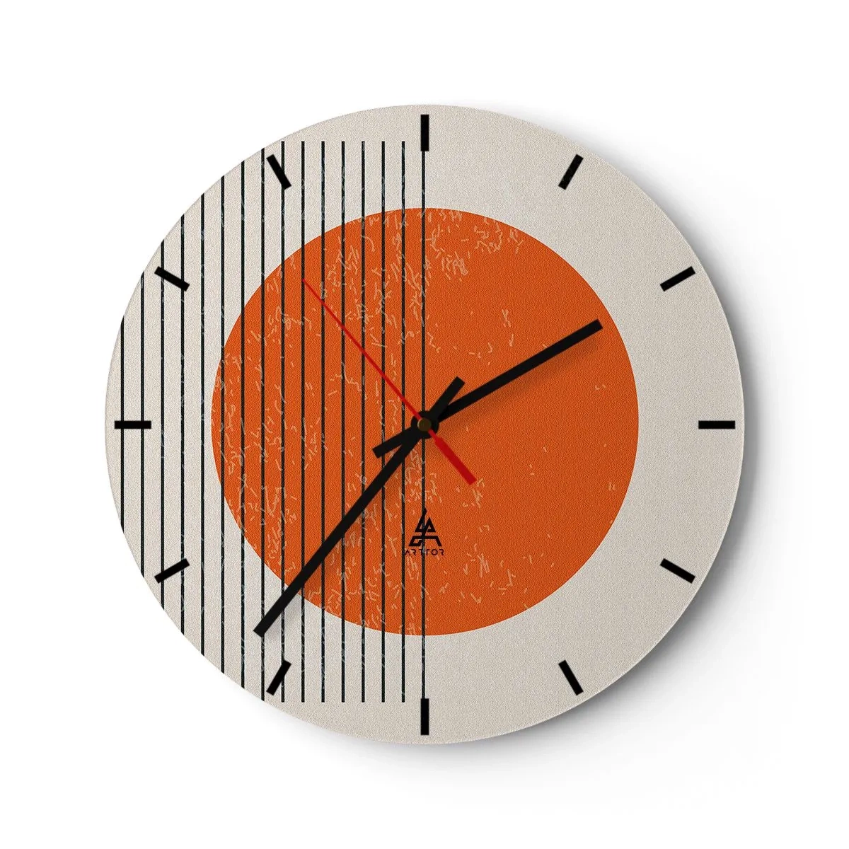 Wanduhr - Glasuhr - Orangefarbener Kreis und schwarze Linien auf beigem Hintergrund - 30x30cm - Immer die Sonne - Moderne Wanddekoration für Wohnzimmer, Küche und Schlafzimmer ARTTOR