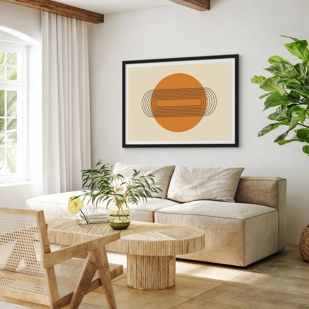 Poster in einem schwarzem Rahmen - Geometrisches Muster mit orangefarbenen Kreisen und Linien - 100x70cm - Perfekter Plan - Moderne Wanddekoration für Wohnzimmer und Schlafzimmer ARTTOR