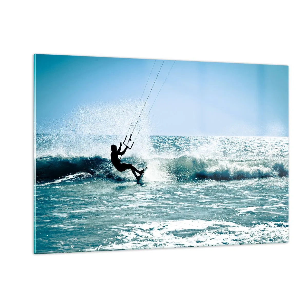 Glasbild - Bild auf glas - Kitesurfer auf den Wellen des Ozeans an einem sonnigen Tag - 120x80cm - Hinreißen lassen - Moderne Wanddekoration für Wohnzimmer und Schlafzimmer ARTTOR