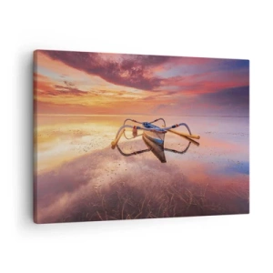Bild auf Leinwand - Leinwandbild - Ein Boot auf ruhigem Wasser bei Sonnenuntergang - 70x50cm - Die Ruhe eines tropischen Abends - Moderne Wanddekoration für Wohnzimmer und Schlafzimmer ARTTOR
