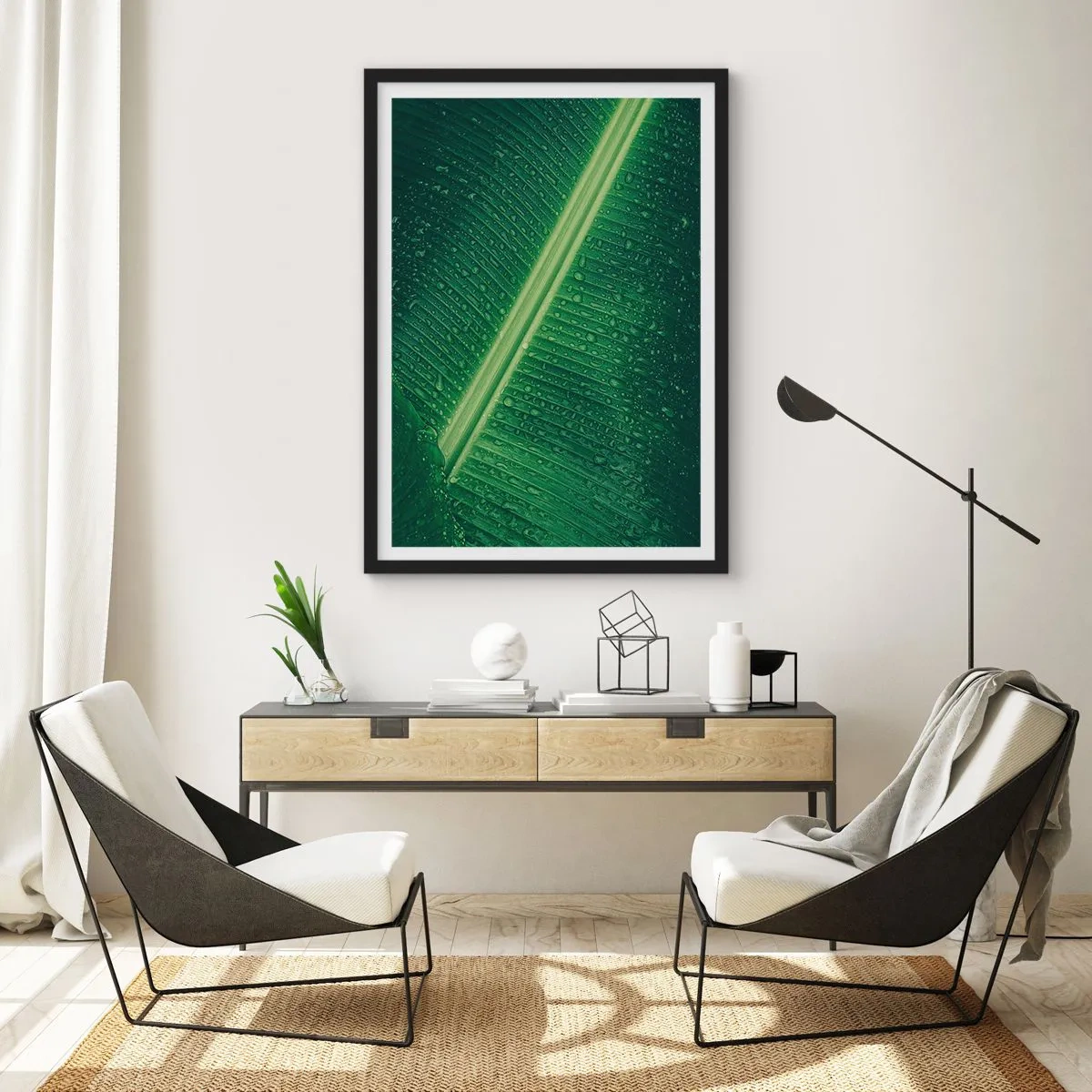 Poster in einem schwarzem Rahmen - Nahaufnahme eines grünen Blattes mit Wassertropfen - 50x70cm - Die Struktur des Grüns - Moderne Wanddekoration für Wohnzimmer und Schlafzimmer ARTTOR