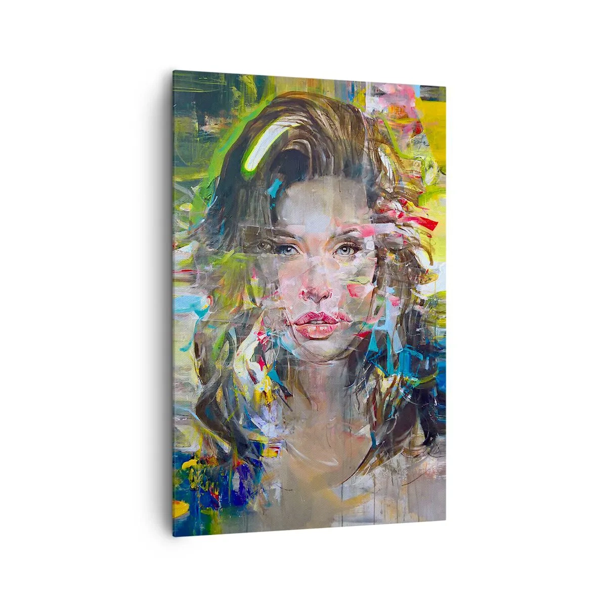 Bild auf Leinwand - Leinwandbild - Abstraktes Frauenporträt in intensiven Farben - 80x120cm - Hinter der Luft ein Vorhang - Moderne Wanddekoration für Wohnzimmer und Schlafzimmer ARTTOR