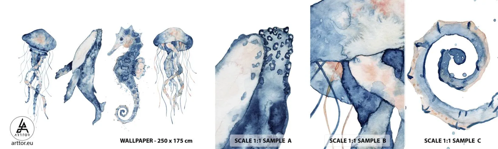 Fototapeten Muster Selbstklebend Deluxe Sticker - Meereswunder - Meerestiere, Seepferdchen, Qualle - 100x30 cm