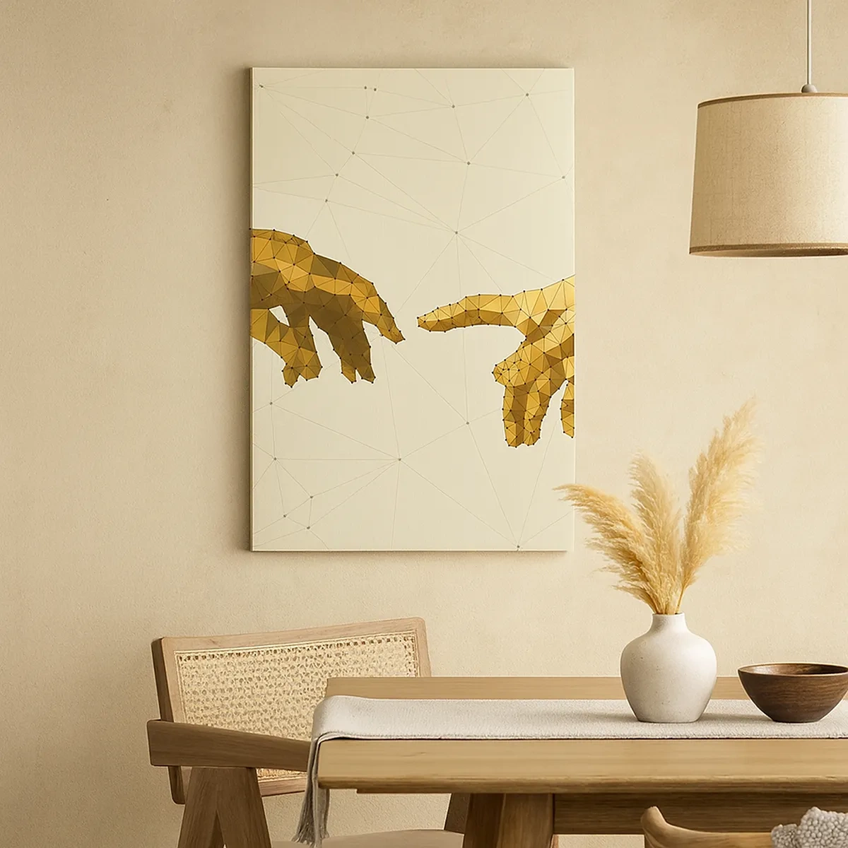 Bild auf Leinwand - Leinwandbild - Geometrische Hände, die sich vor hellem Hintergrund nacheinander ausstrecken - 50x70cm - Göttliche Geometrie - Moderne Wanddekoration für Wohnzimmer und Schlafzimmer ARTTOR