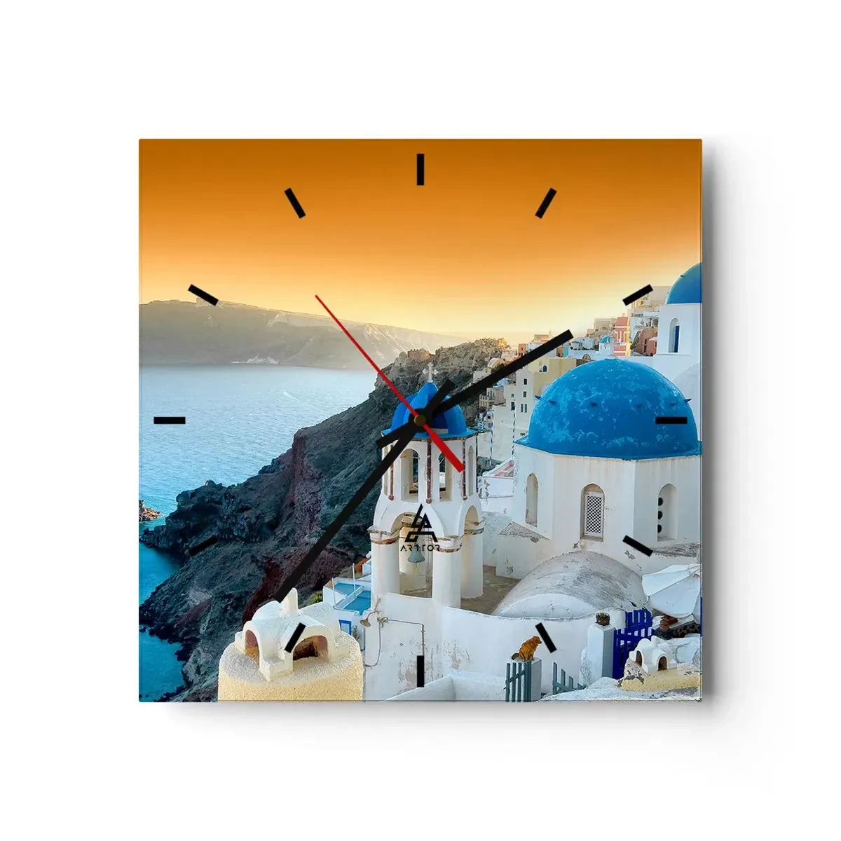 Wanduhr - Glasuhr - Blick auf Santorini mit weißen Gebäuden und blauem Meer - 30x30cm - Santorini - an die Felsen gekuschelt - Moderne Wanddekoration für Wohnzimmer und Schlafzimmer ARTTOR
