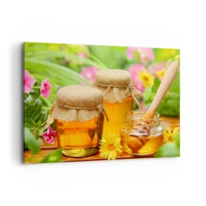 Bild auf Leinwand - Leinwandbild - Honiggläser mit Blumen vor dem Hintergrund eines Sommergartens - 120x80cm - Süß und blumig - Moderne Wanddekoration für Wohnzimmer und Schlafzimmer ARTTOR