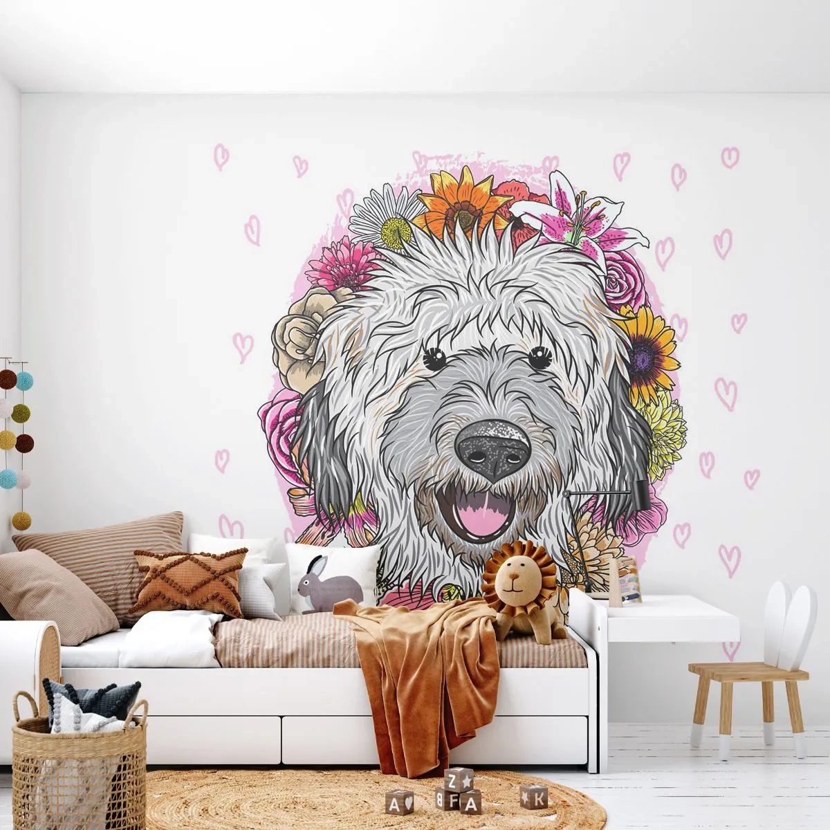 Fototapete Premium Sand - Ein glücklicher Hund, umgeben von bunten Blumen - 100x70cm - Welpenfreude - Moderne Wanddekoration für Wohnzimmer und Schlafzimmer ARTTOR