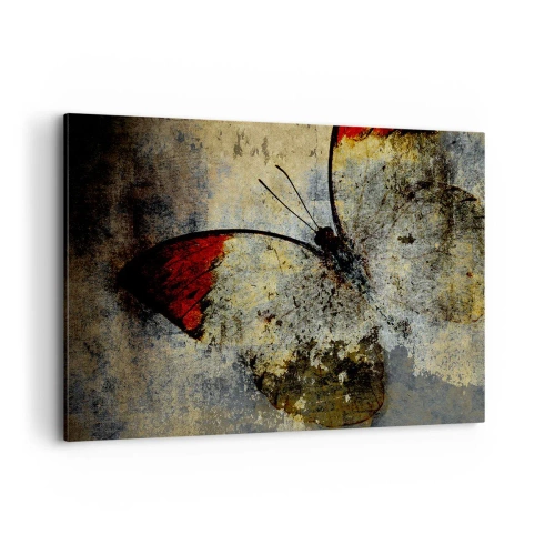 Bild auf Leinwand - Leinwandbild - Ein Schmetterling in Rot- und Grautönen auf strukturiertem Hintergrund - 120x80cm - Pass auf, bevor ich verschwinde - Moderne Wanddekoration für Wohnzimmer und Schlafzimmer ARTTOR
