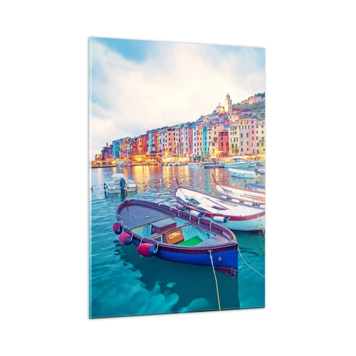 Glasbild - Bild auf glas - Abendlicher Blick auf Cinque Terre mit seinen farbenfrohen Gebäuden - 50x70cm - Bunter Abend im Hafen - Moderne Wanddekoration für Wohnzimmer und Schlafzimmer ARTTOR