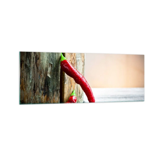 Glasbild - Bild auf glas - Zwei rote Chilischoten auf einem hölzernen Hintergrund mit rustikalem Akzent - 140x50cm - Red hot chili peppers - Moderne Wanddekoration für Wohnzimmer und Schlafzimmer ARTTOR