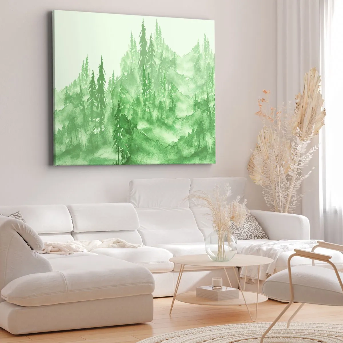 Bild auf Leinwand - Leinwandbild - Grüner Wald im Aquarellstil auf hellem Hintergrund - 70x50cm - Verschwommen mit grünem Nebel - Moderne Wanddekoration für Wohnzimmer und Schlafzimmer ARTTOR