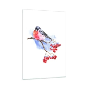 Glasbild - Bild auf glas - Vogel auf einem Zweig mit roten Früchten im Aquarellhintergrund - 80x120cm - Winter in Farbe - Moderne Wanddekoration für Wohnzimmer und Schlafzimmer ARTTOR