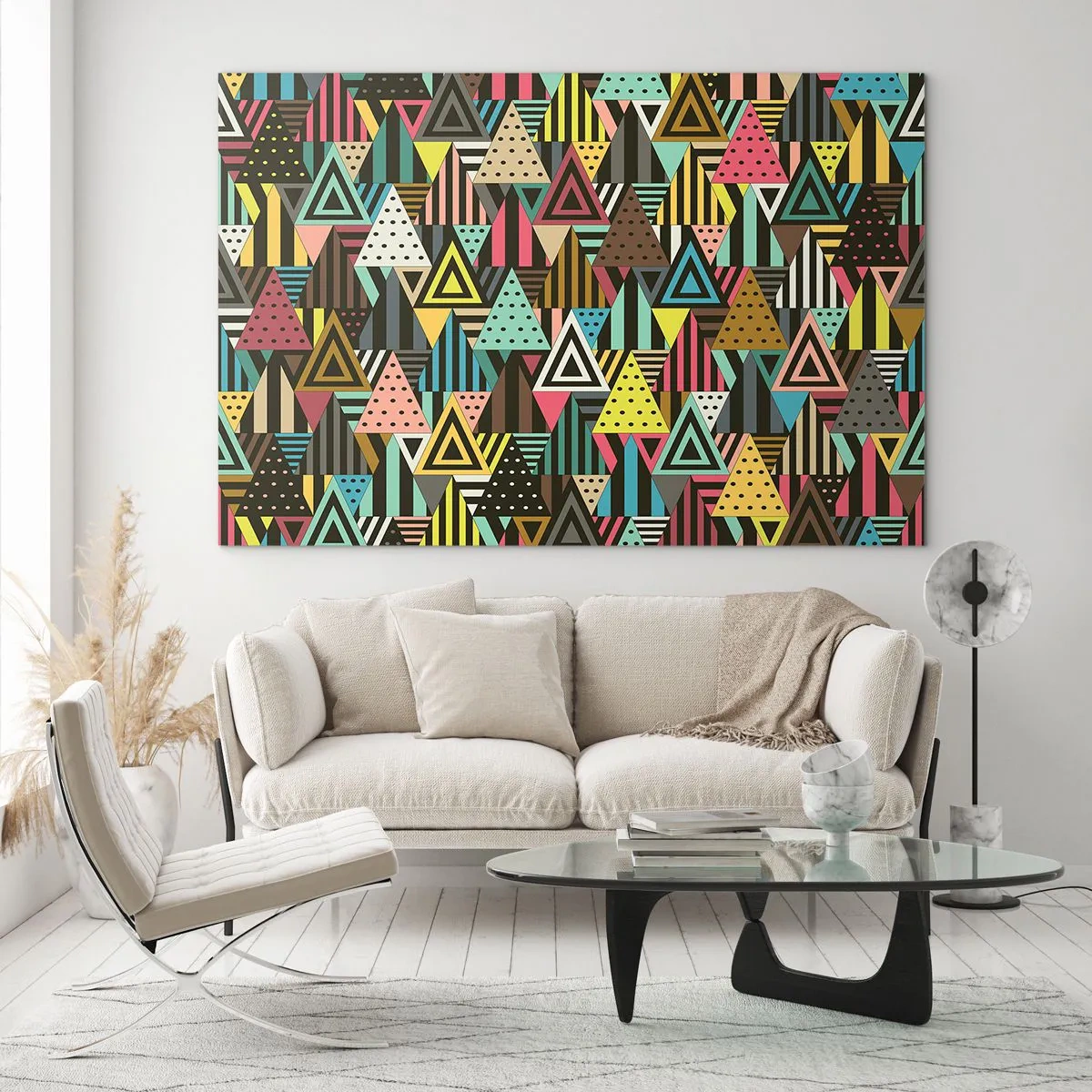 Glasbild - Bild auf glas - Eine abstrakte Komposition mit Dreiecken in intensiven Farben. - 100x70cm - Im Rhythmus auf drei - Moderne Wanddekoration für Wohnzimmer und Schlafzimmer ARTTOR