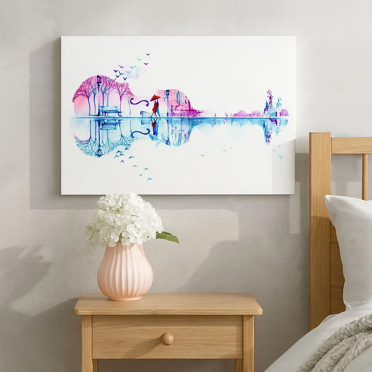 Bild auf Leinwand - Leinwandbild - Stadtsilhouette in Form einer Violine in Aquarellfarben - 70x50cm - Ich bringe dir ein paar Regenbögen - Moderne Wanddekoration für Wohnzimmer und Schlafzimmer ARTTOR
